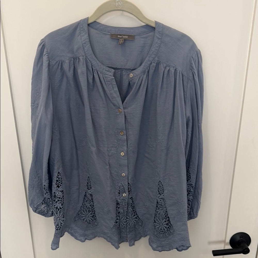 Blue Tassel Eyelet Button-Up Women's Top
